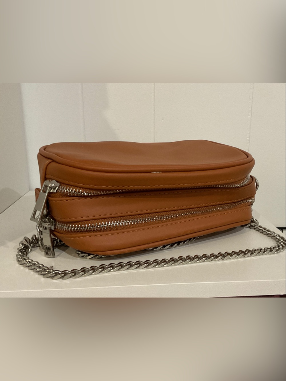 Quilted Tan Crossbody Bag with Silver Chain Strap - Picture 3 of 3